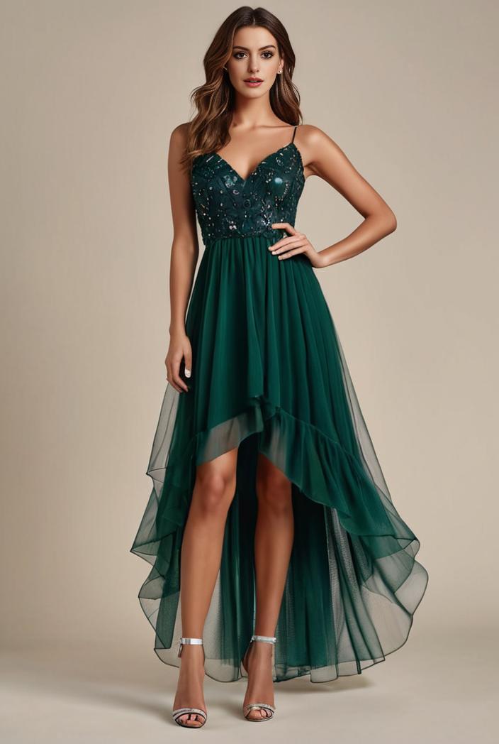 sequin bodice tulle high low evening dress with ribbon waist 109402