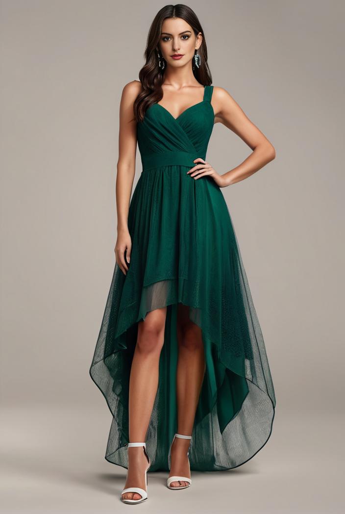 sequin bodice tulle high low evening dress with ribbon waist 109403