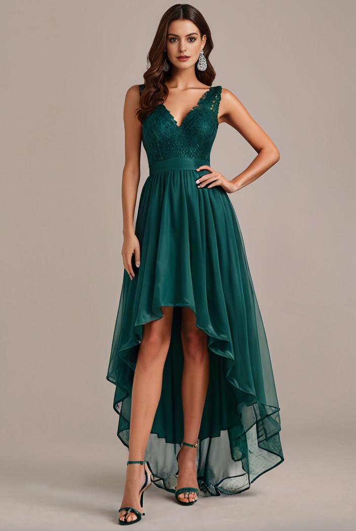 sequin bodice tulle high low evening dress with ribbon waist 109404