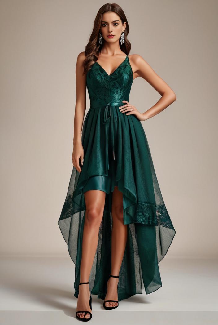 sequin bodice tulle high low evening dress with ribbon waist 109405