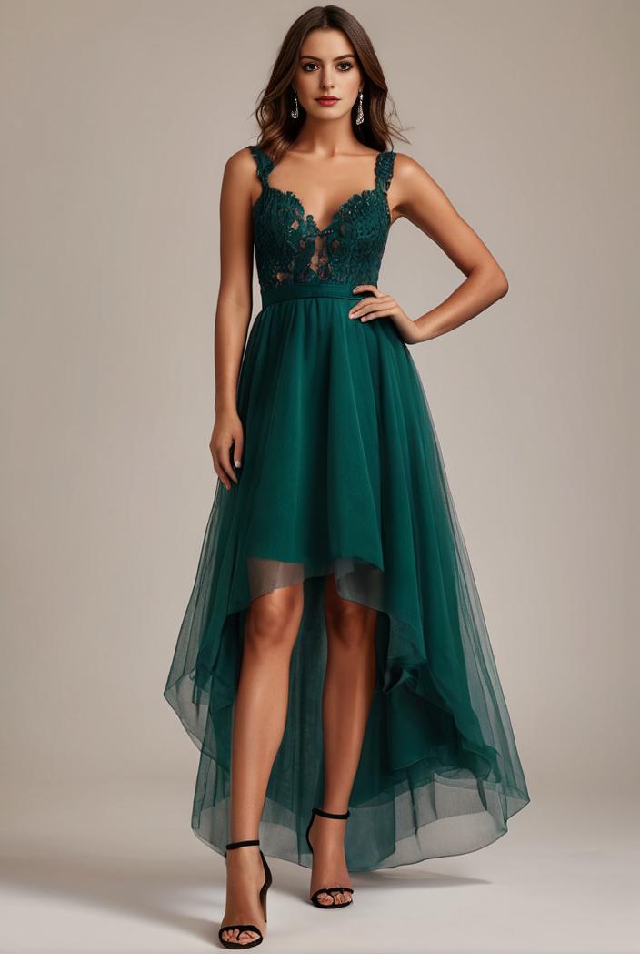 sequin bodice tulle high low evening dress with ribbon waist 109406