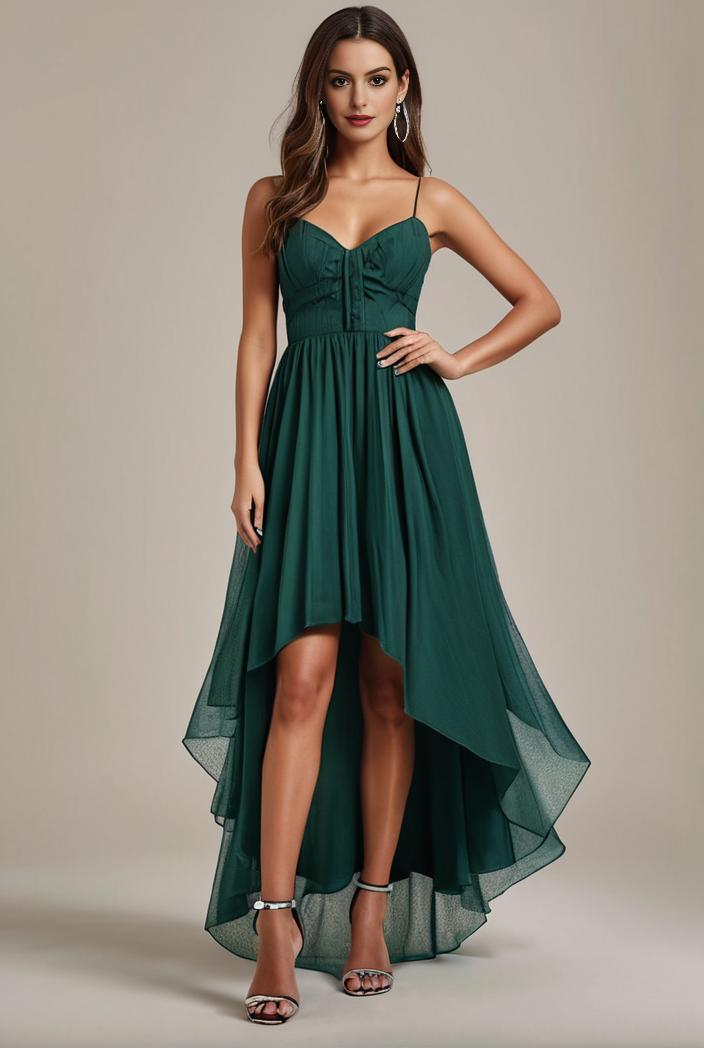 sequin bodice tulle high low evening dress with ribbon waist 109409