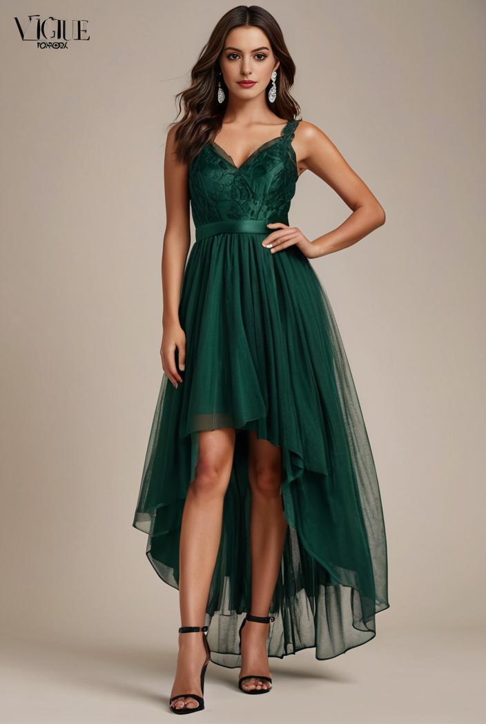sequin bodice tulle high low evening dress with ribbon waist 109410