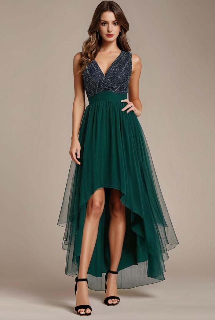 sequin bodice tulle high low evening dress with ribbon waist 109407