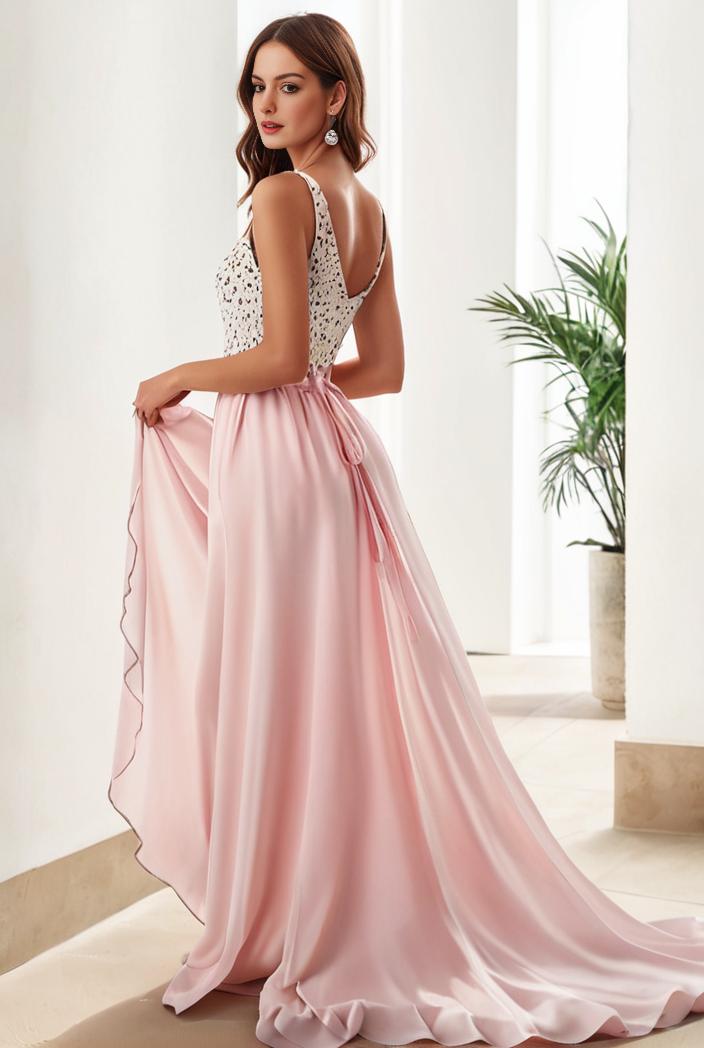 sequin bodice tulle high low evening dress with ribbon waist 109421
