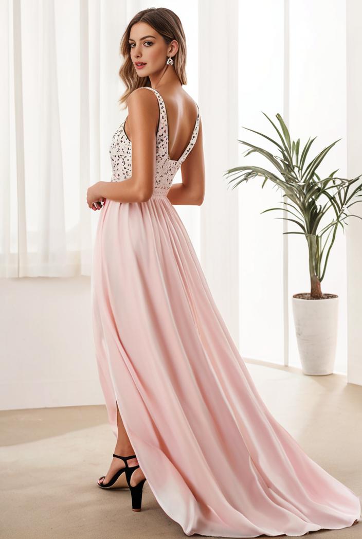 sequin bodice tulle high low evening dress with ribbon waist 109423