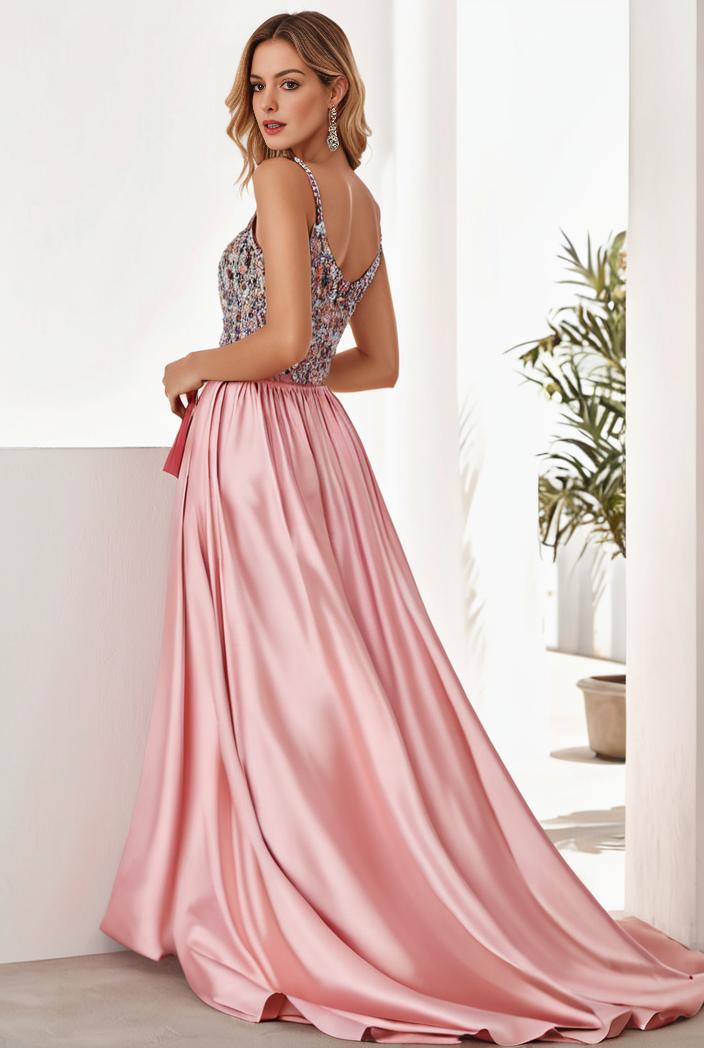 sequin bodice tulle high low evening dress with ribbon waist 109425
