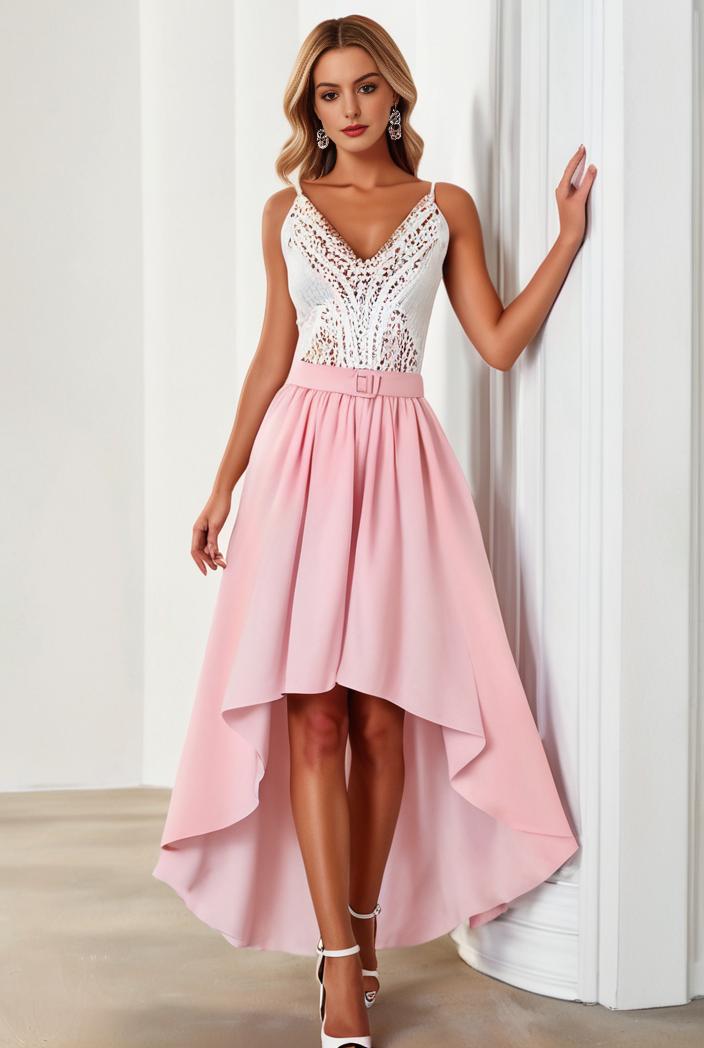 sequin bodice tulle high low evening dress with ribbon waist 109428