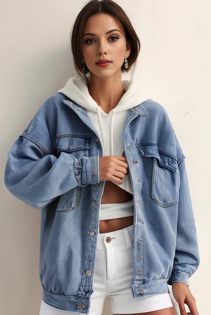 denim coat with flap pockets and lapel casual women s jacket in blue 106957