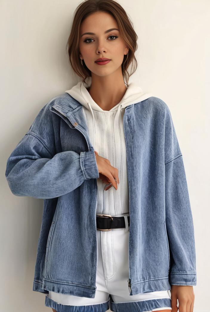 denim coat with flap pockets and lapel casual women s jacket in blue 106959