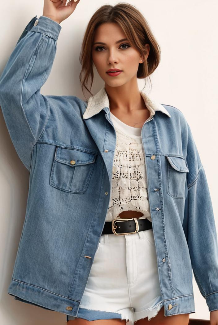 denim coat with flap pockets and lapel casual women s jacket in blue 106966