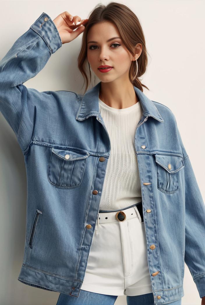 denim coat with flap pockets and lapel casual women s jacket in blue 106968