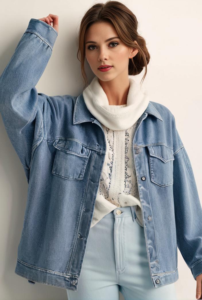 denim coat with flap pockets and lapel casual women s jacket in blue 106969