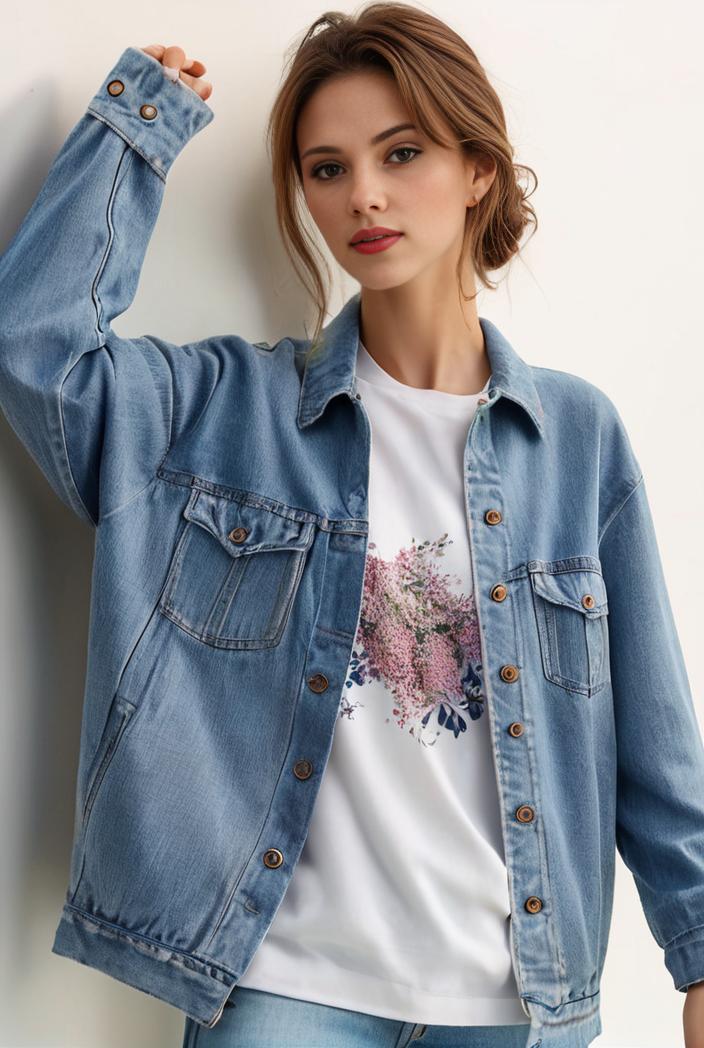 denim coat with flap pockets and lapel casual women s jacket in blue 106970