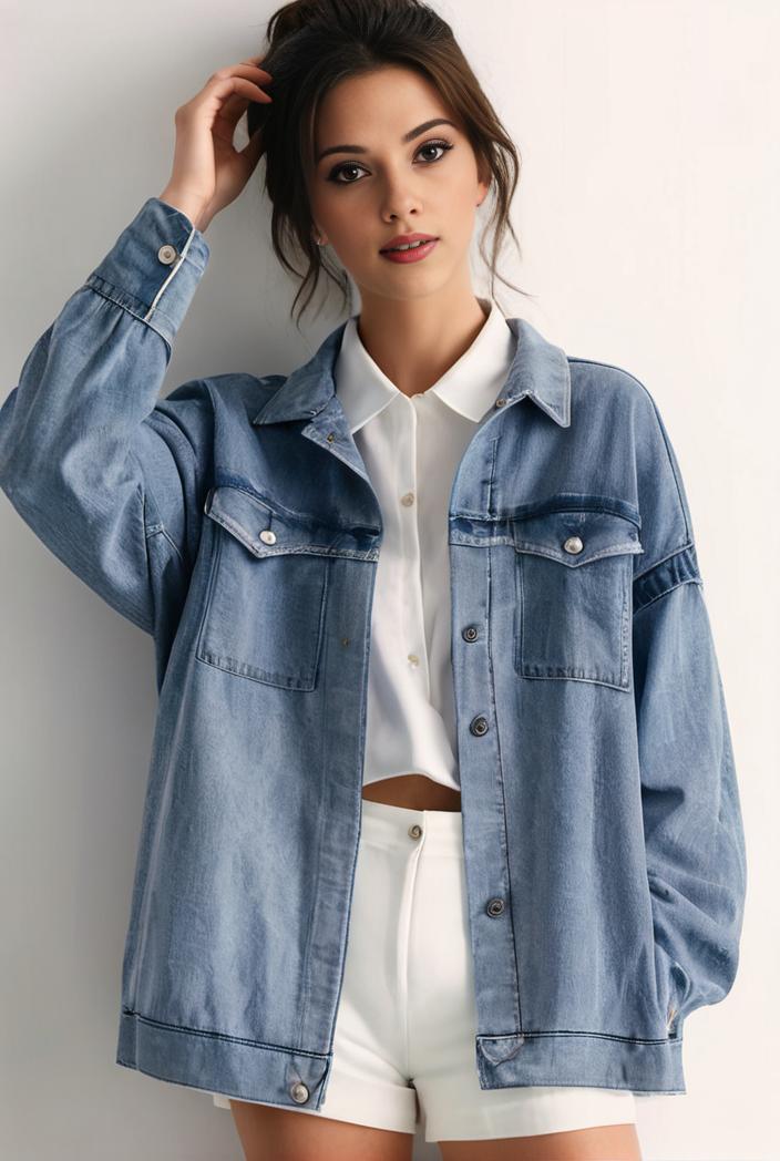 denim coat with flap pockets and lapel casual women s jacket in blue 106973