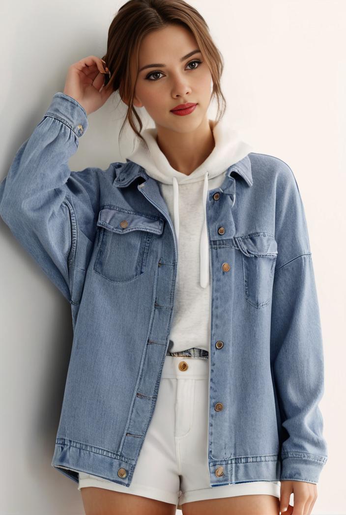 denim coat with flap pockets and lapel casual women s jacket in blue 106975