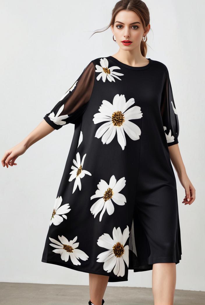 size curve dresses plus size loose elegant floral pattern stitching midi dress 111312