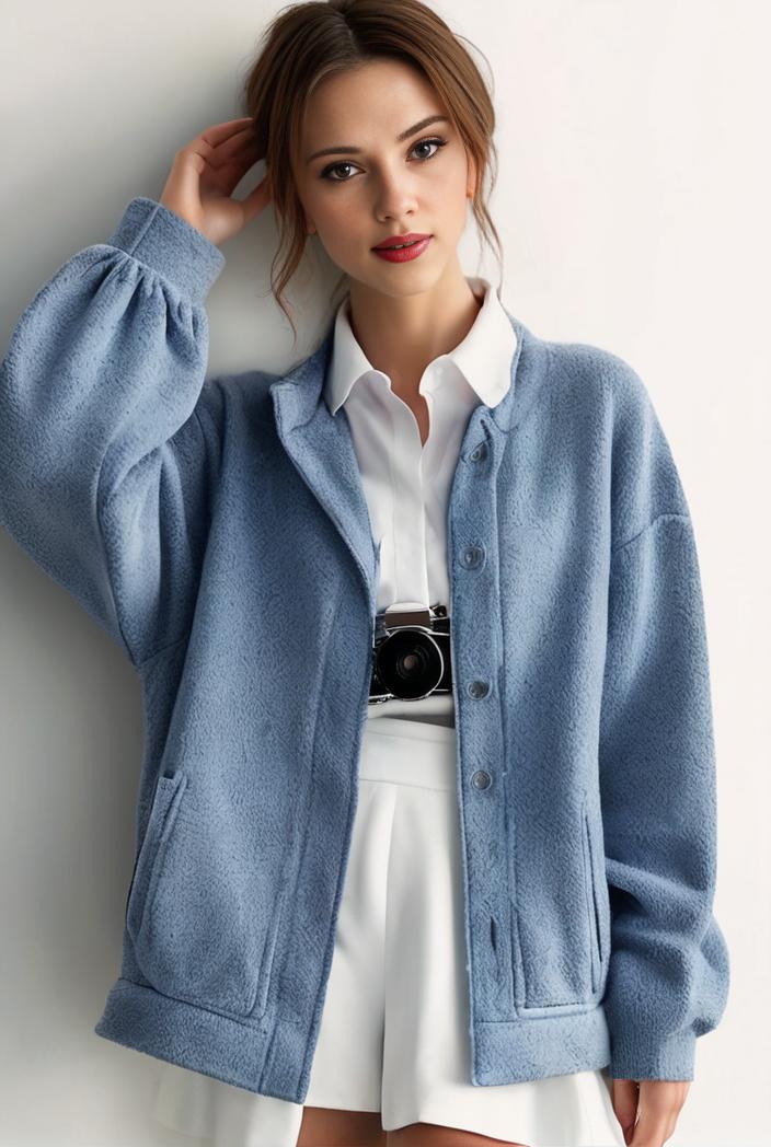 denim coat with flap pockets and lapel casual women s jacket in blue 106978