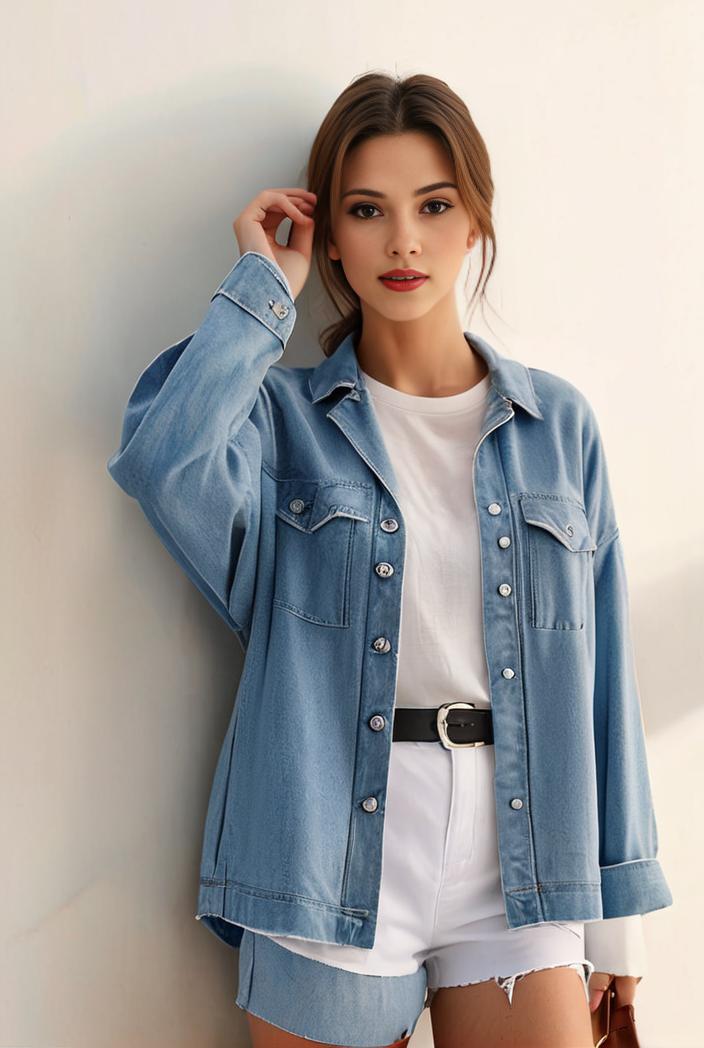 denim coat with flap pockets and lapel casual women s jacket in blue 106982