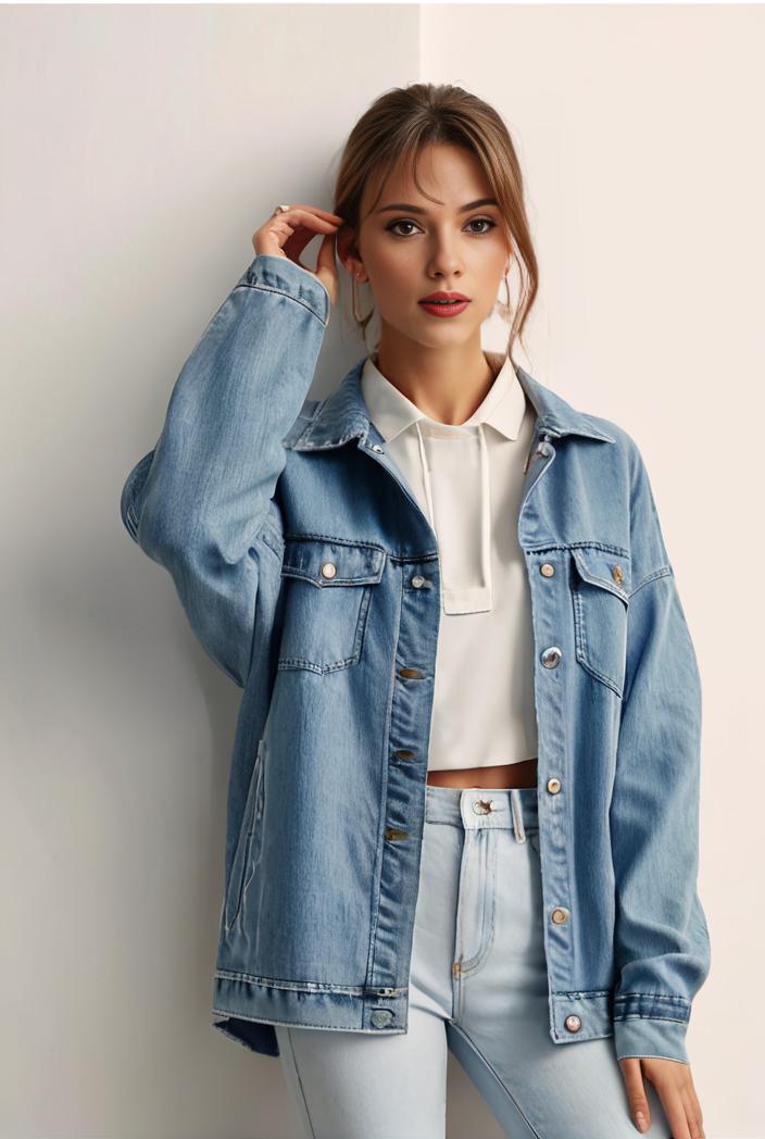 denim coat with flap pockets and lapel casual women s jacket in blue 106984