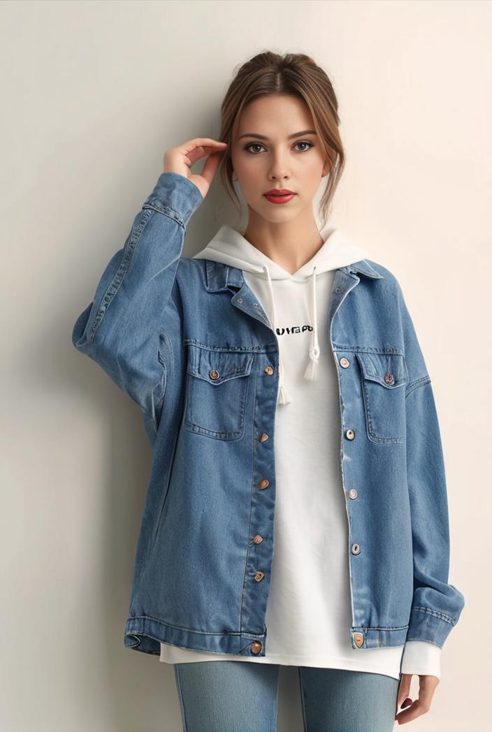 denim coat with flap pockets and lapel casual women s jacket in blue 106985
