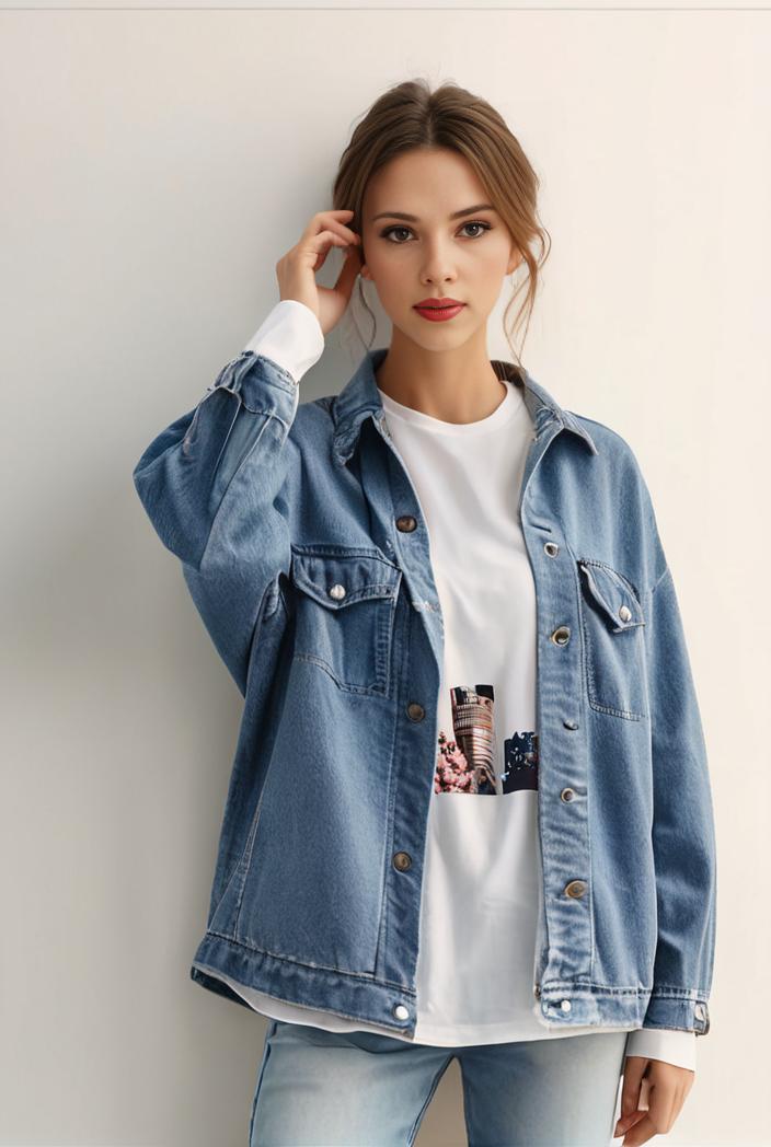 denim coat with flap pockets and lapel casual women s jacket in blue 106986