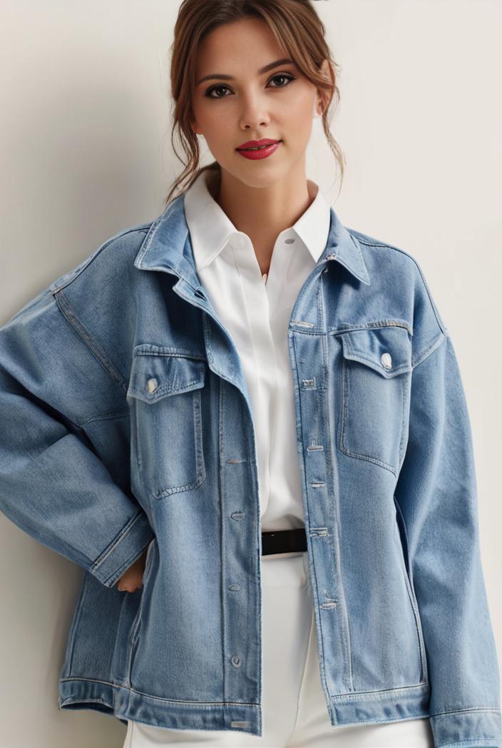 denim coat with flap pockets and lapel casual women s jacket in blue 106988
