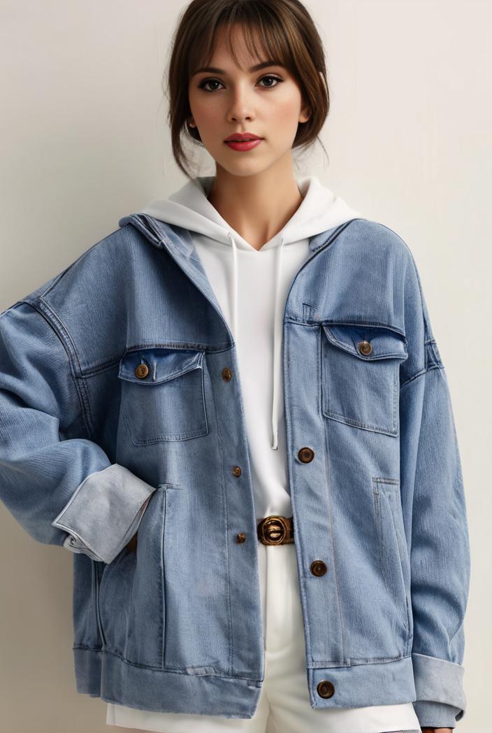 denim coat with flap pockets and lapel casual women s jacket in blue 106989