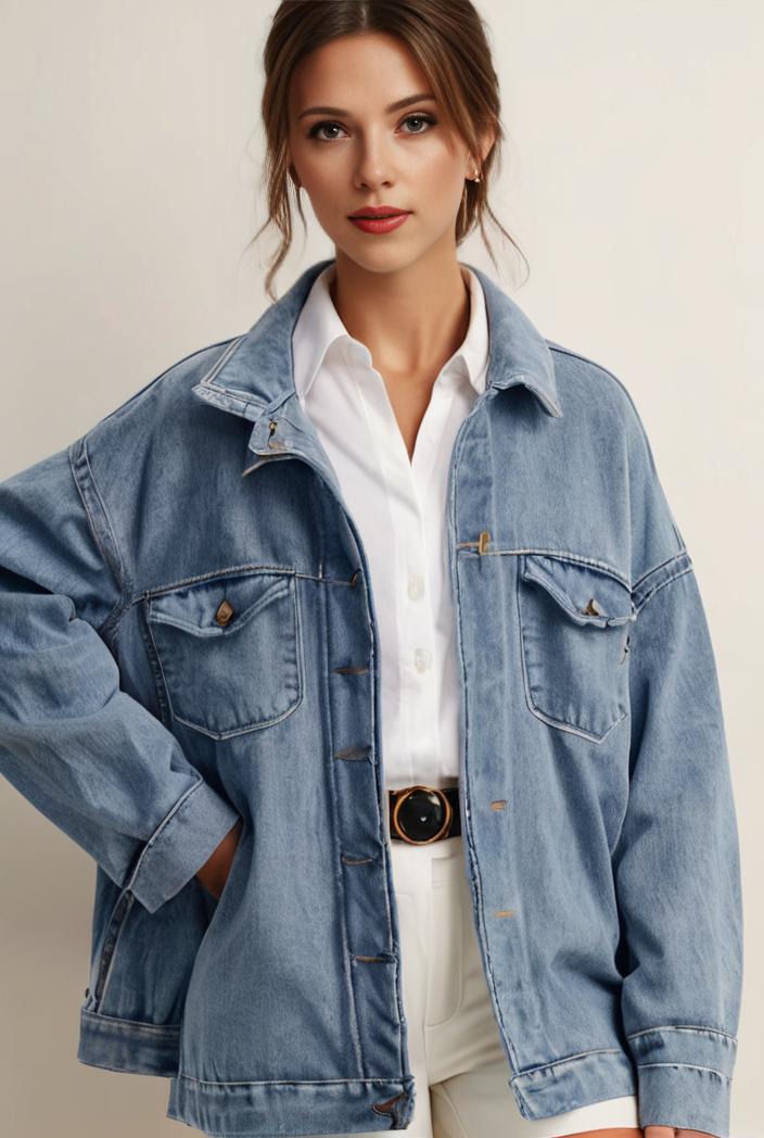 denim coat with flap pockets and lapel casual women s jacket in blue 106991