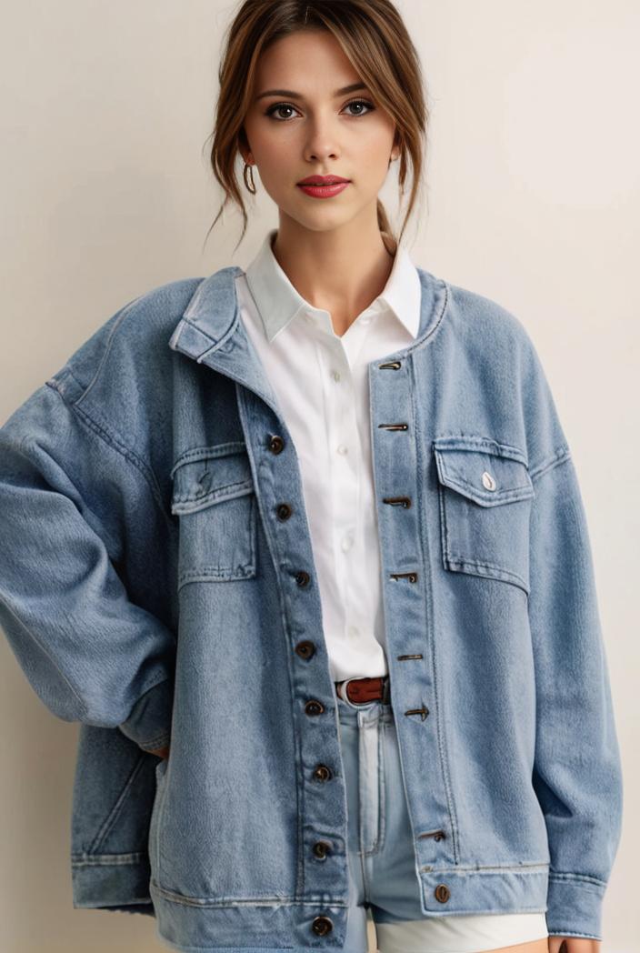 denim coat with flap pockets and lapel casual women s jacket in blue 106993