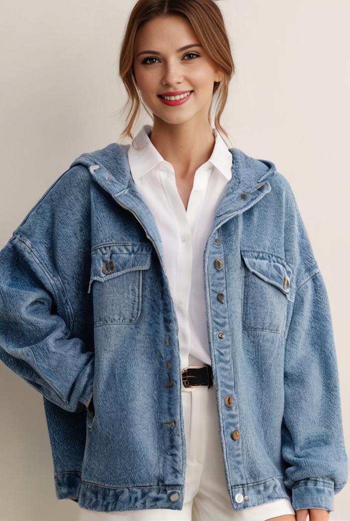 denim coat with flap pockets and lapel casual women s jacket in blue 106995