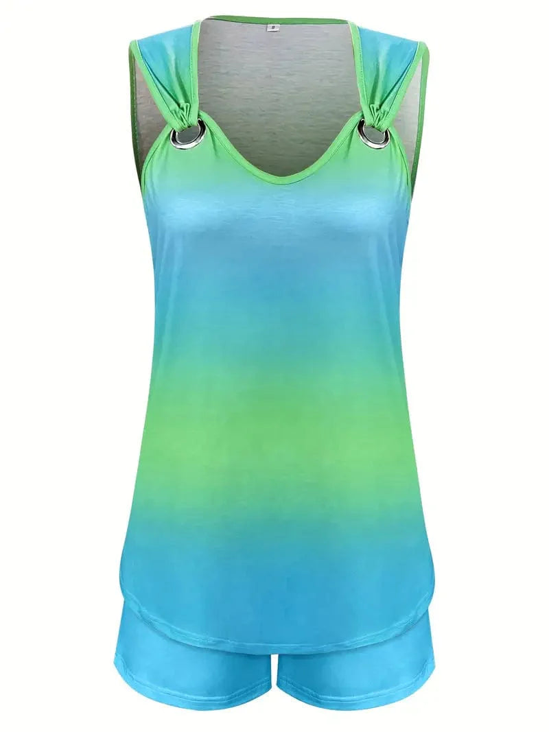 V Neck Sleeveless Top & Shorts Set for Women - Gradient Casual Outfit