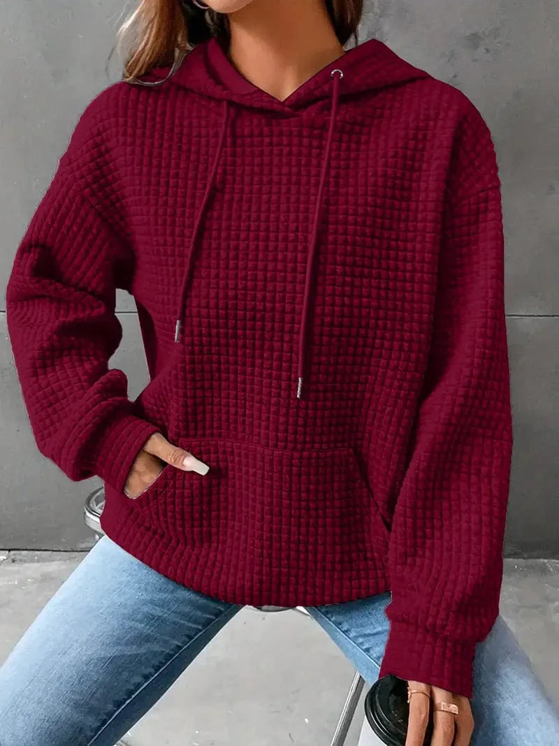 Waffle Grid Kangaroo Pocket Hoodie, Long Sleeve Drawstring Hoodies for Women