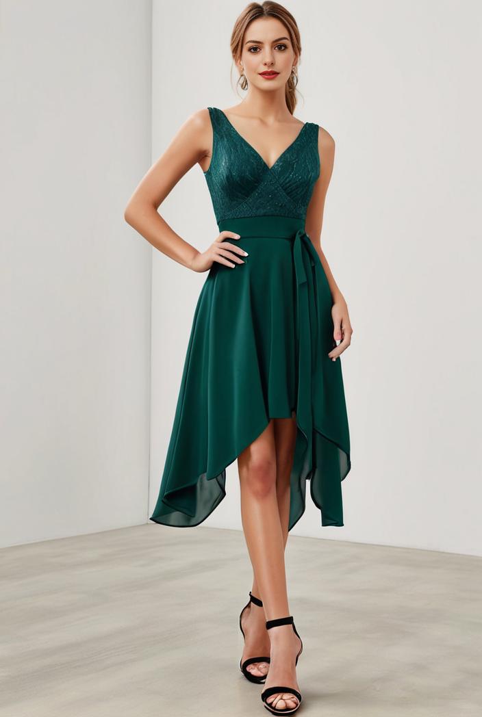 deep v neck lace chiffon bridesmaid dress with asymmetrical hem 116912