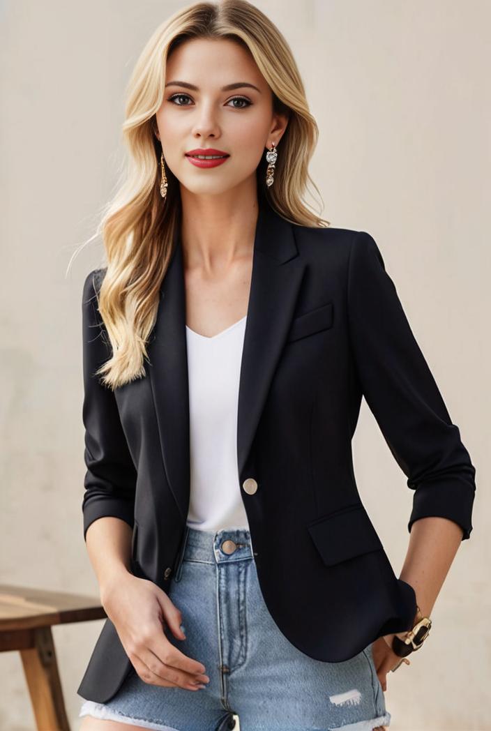 ladies solid button up blazer with long sleeves casual lapel design 116144