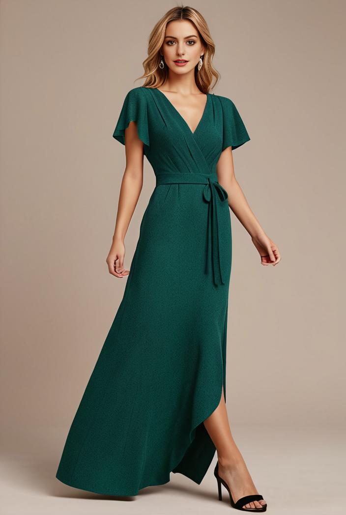 glitter high low front side slit ruffled v neck evening dress 120856