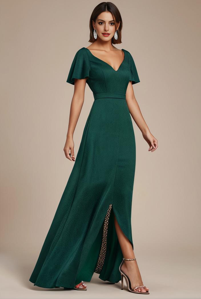 glitter high low front side slit ruffled v neck evening dress 120858