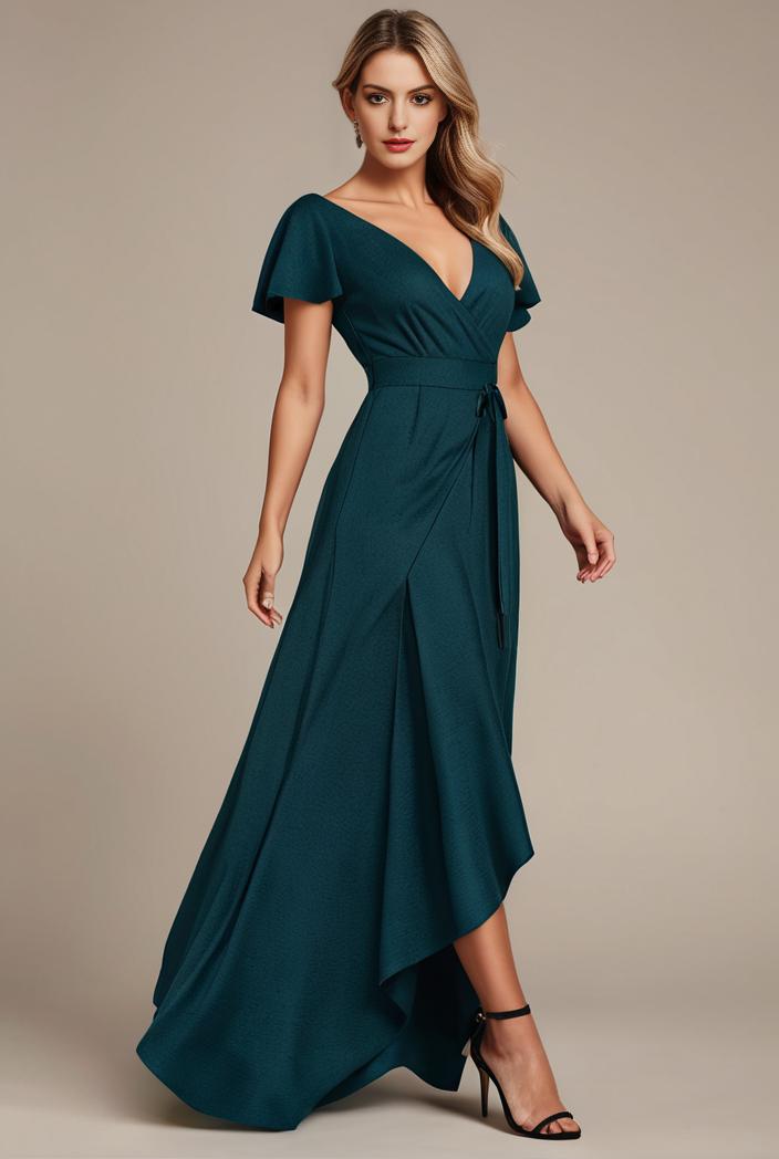 glitter high low front side slit ruffled v neck evening dress 120873