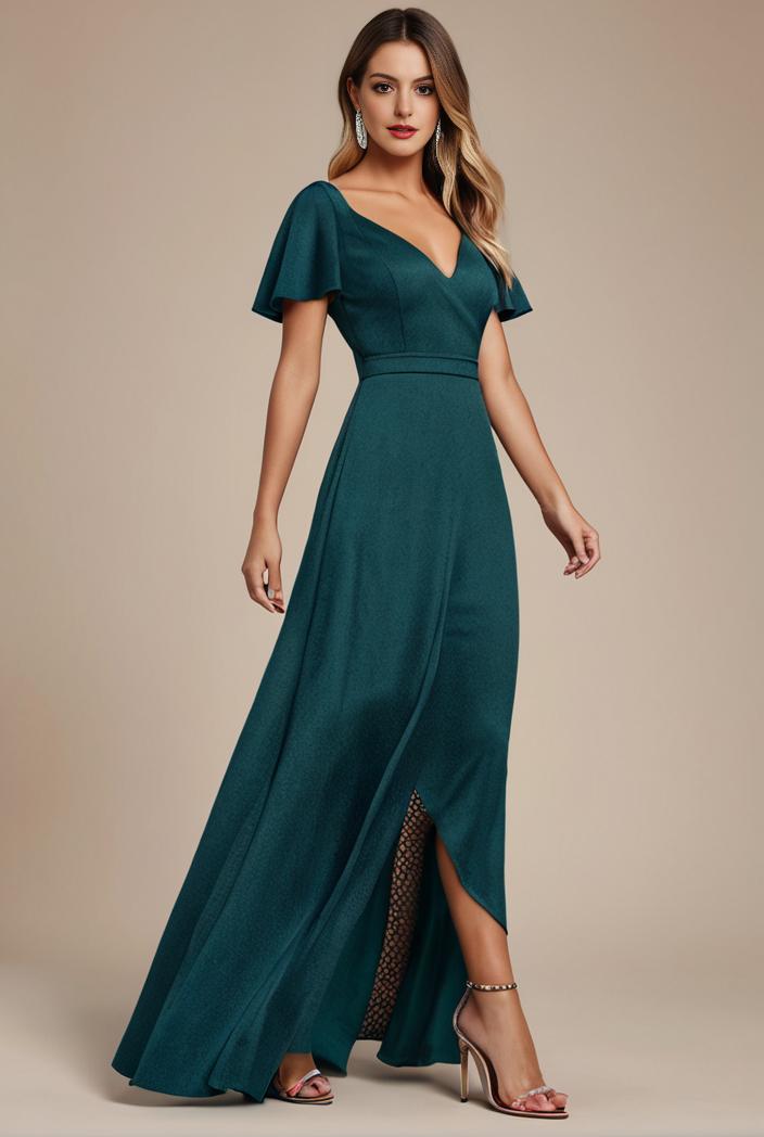 glitter high low front side slit ruffled v neck evening dress 120874
