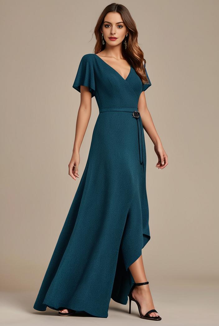 glitter high low front side slit ruffled v neck evening dress 120876