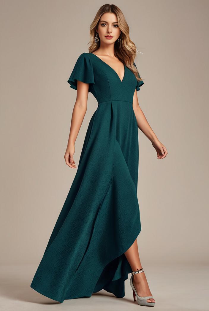 glitter high low front side slit ruffled v neck evening dress 120879