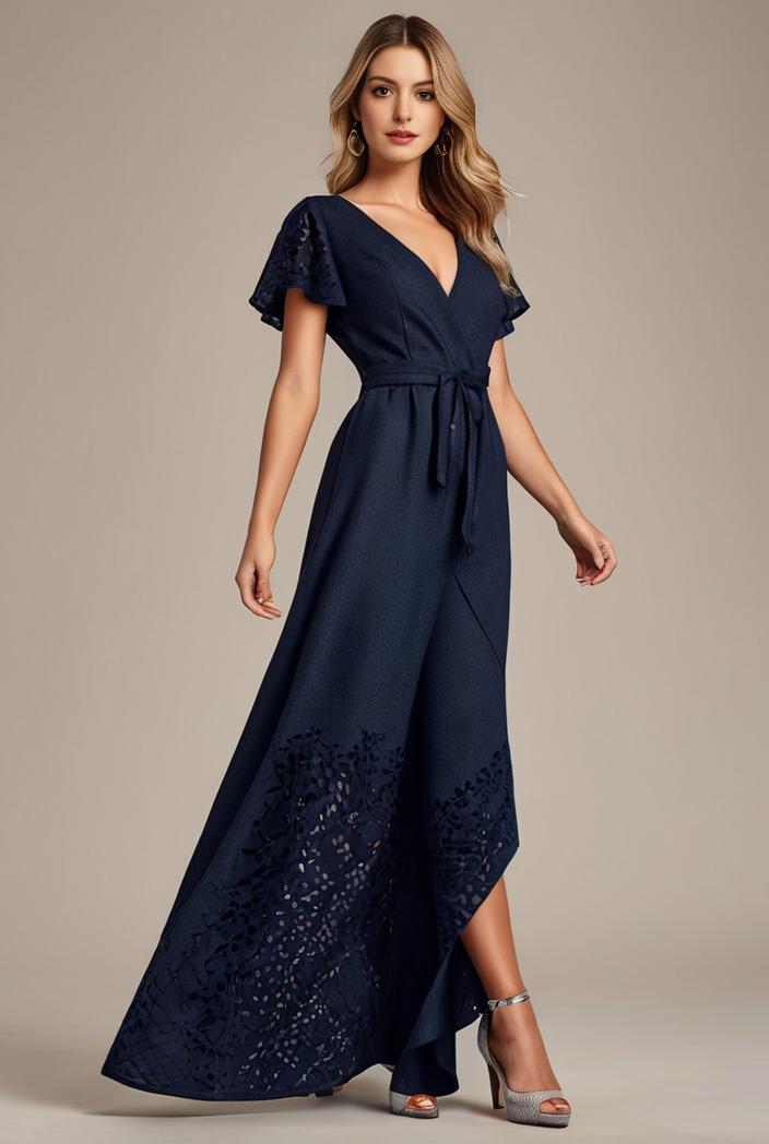 glitter high low front side slit ruffled v neck evening dress 120887