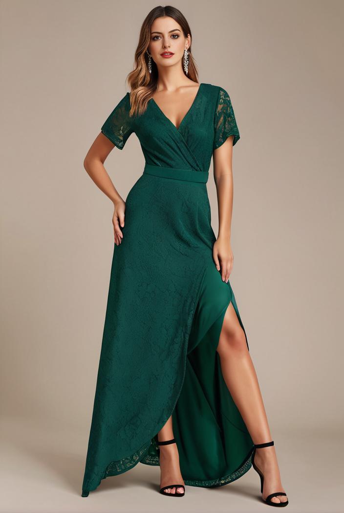 glitter high low front side slit ruffled v neck evening dress 120910
