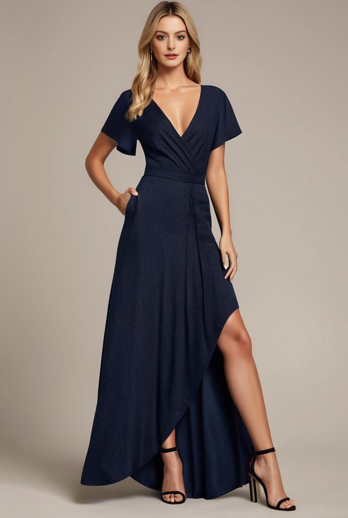 glitter high low front side slit ruffled v neck evening dress 120913