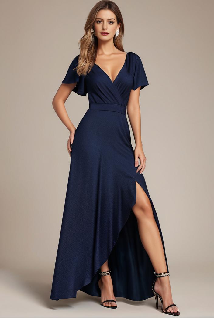 glitter high low front side slit ruffled v neck evening dress 120914