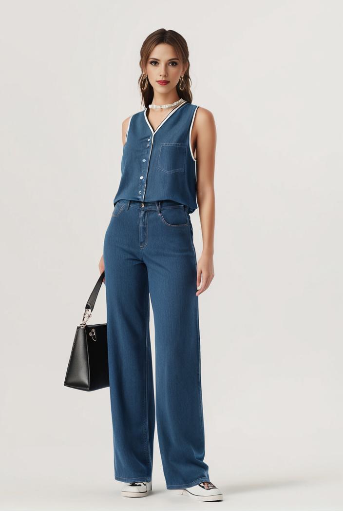 relaxed fit blue denim romper with slant pockets distressed denim coverall stylish women s denim outfit 119801