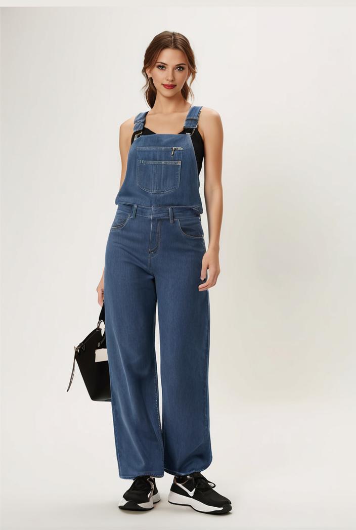 relaxed fit blue denim romper with slant pockets distressed denim coverall stylish women s denim outfit 119802