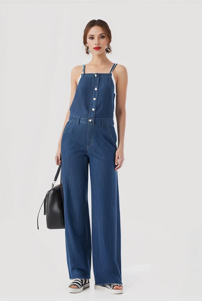 relaxed fit blue denim romper with slant pockets distressed denim coverall stylish women s denim outfit 119807