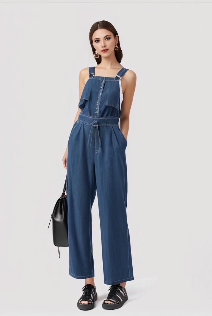 relaxed fit blue denim romper with slant pockets distressed denim coverall stylish women s denim outfit 119815