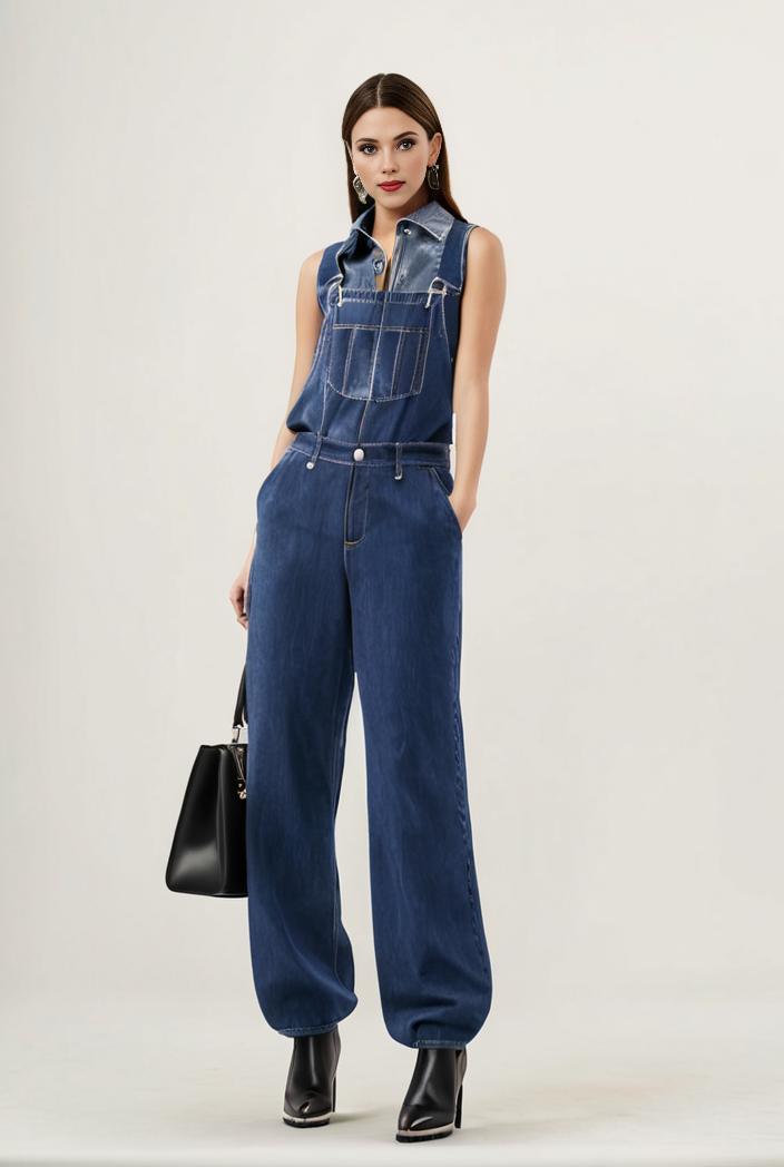 relaxed fit blue denim romper with slant pockets distressed denim coverall stylish women s denim outfit 119816